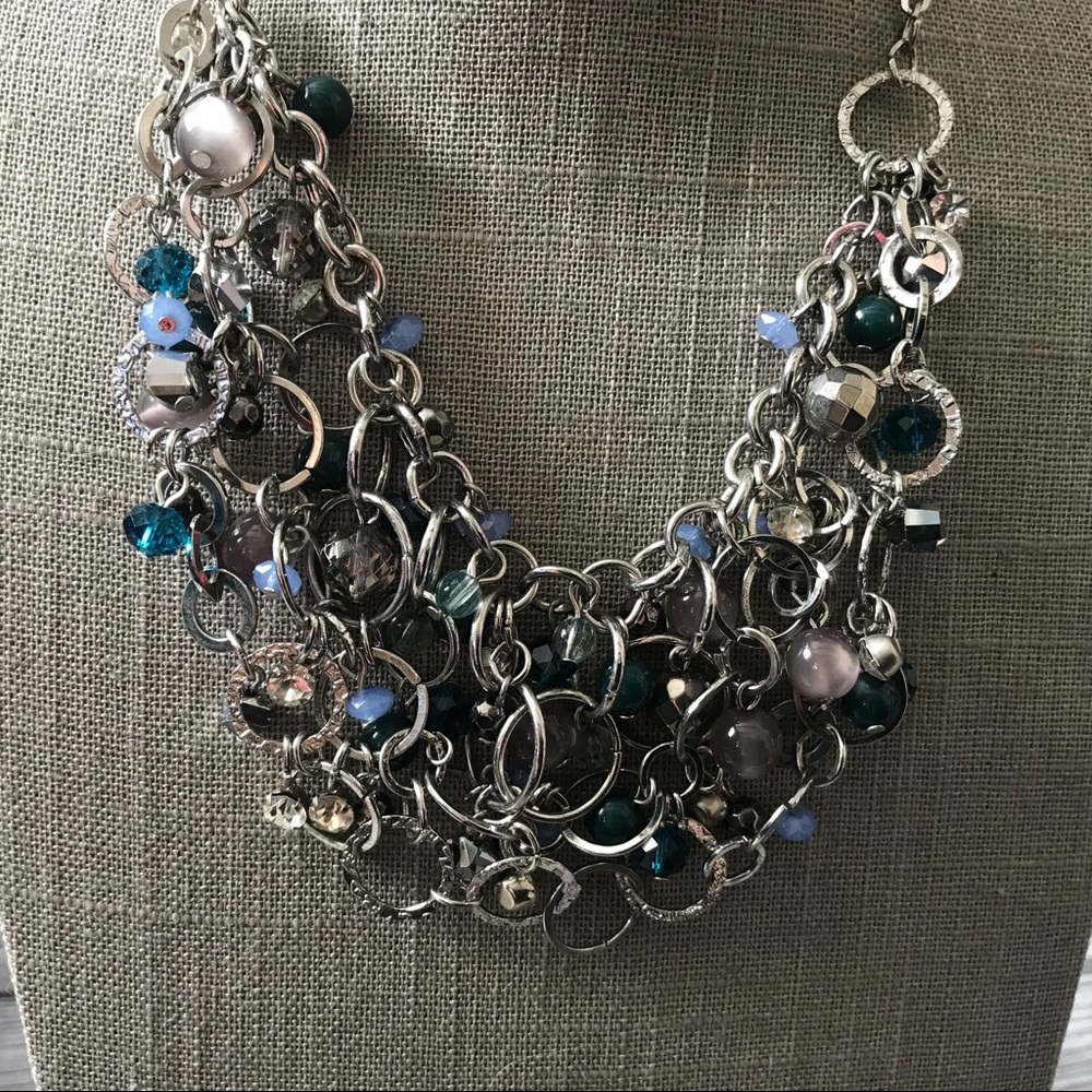 Silver and blue beaded cluster statement necklace